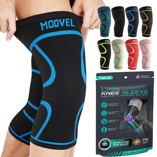 Modvel Knee Braces for Knee Pain Women & Men - 2 Pack Knee Brace for Knee Pain Set Knee Brace Compression Sleeve Knee Support for Knee Pain Meniscus Tear ACL & Arthritis Pain ReliefBlue XL